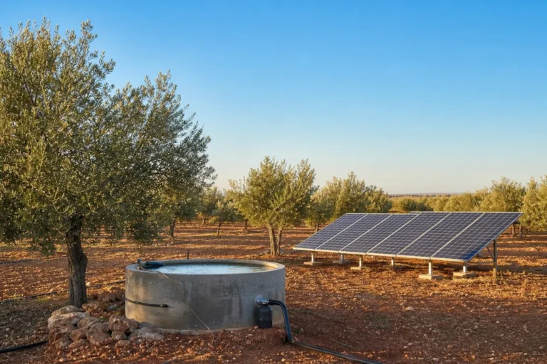 Bombeo solar con paneles y depósito en un olivar