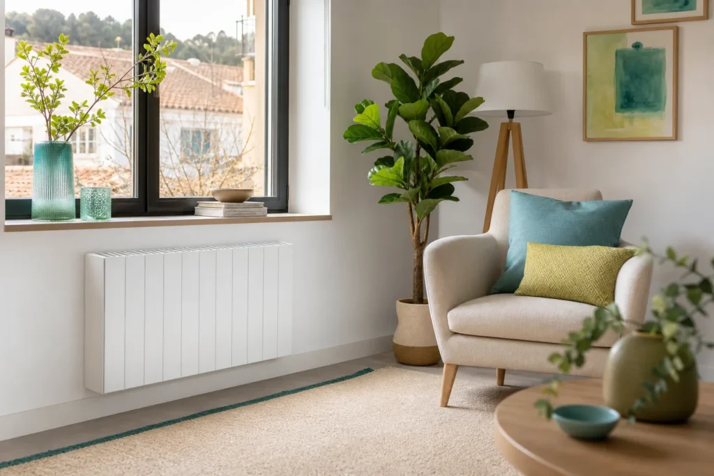 Salón con radiador eléctrico eficiente bajo la ventana