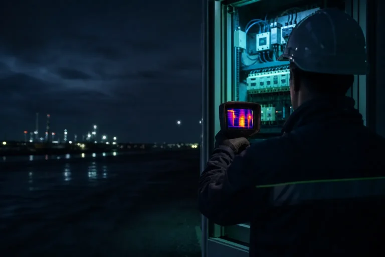 Técnico revisando un cuadro eléctrico con cámara termográfica