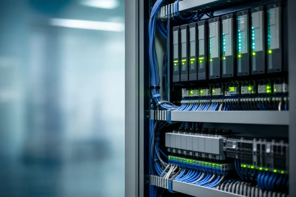 Armario de automatización con autómatas y cableado ordenado