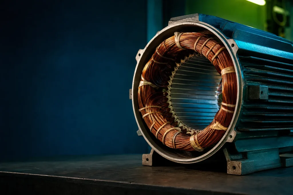 Bobinado de cobre de un motor eléctrico en el taller