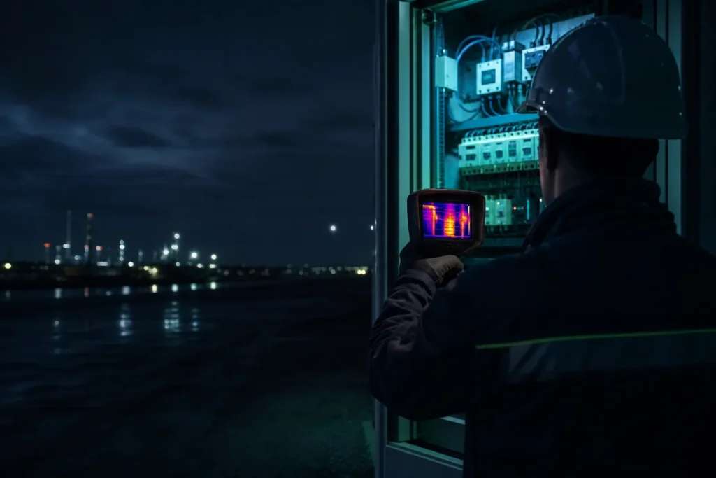 Técnico revisando un cuadro eléctrico con cámara termográfica